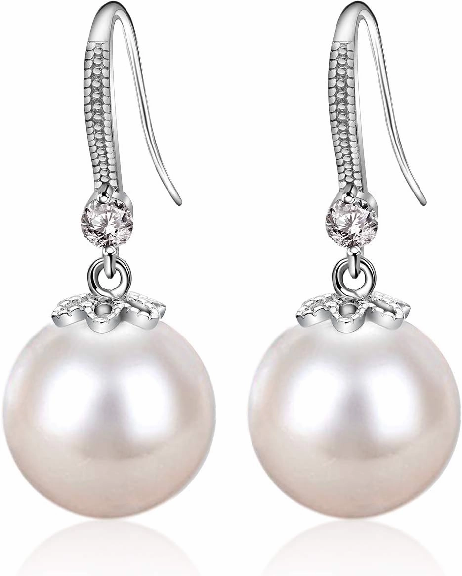 Pearl Dangle Earrings for Women 925 Sterling Silver Crystal Pearl Earrings Classtic Ladies Drop Earrings for Wedding Party Birthday Gift