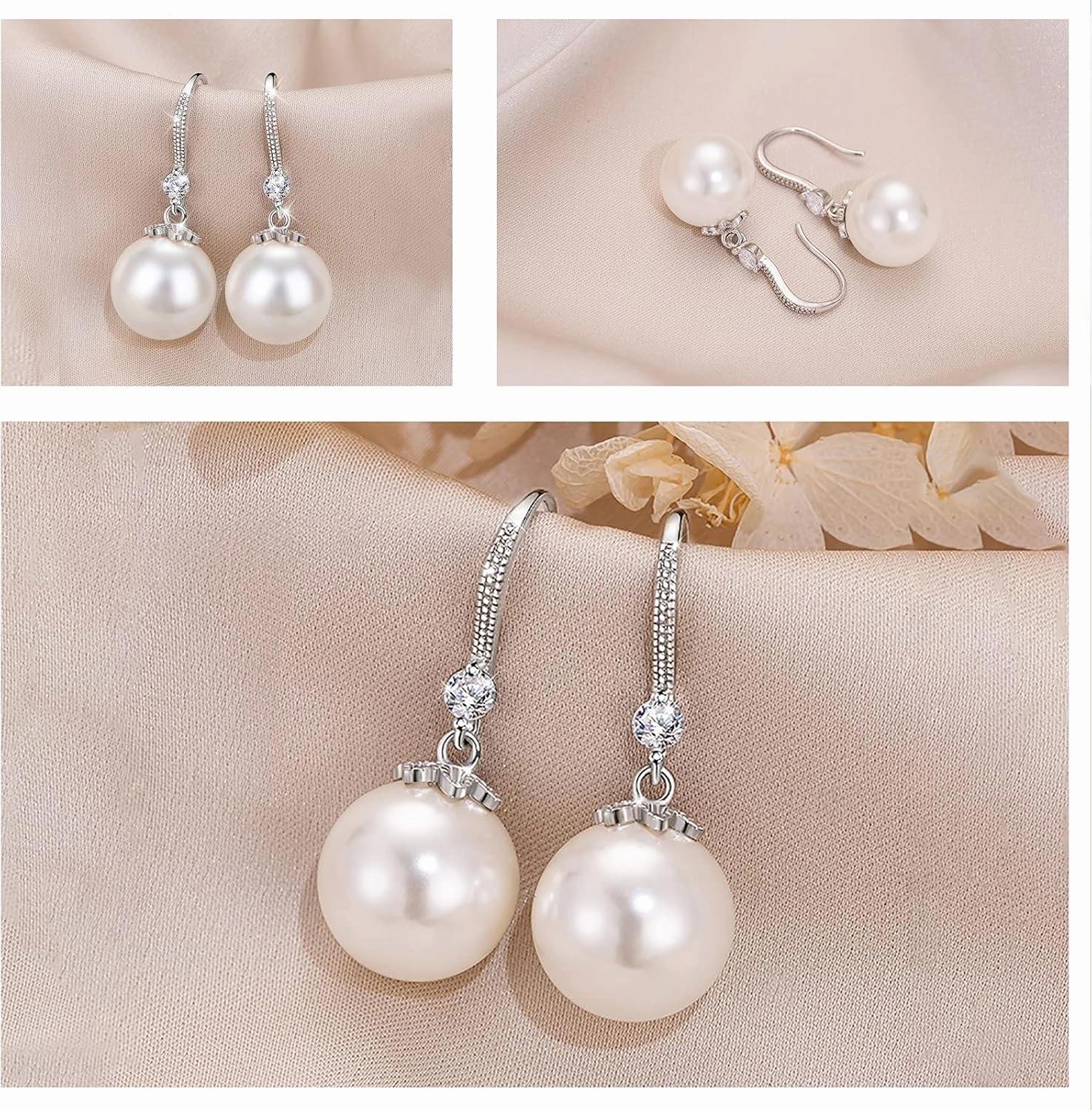 Pearl Dangle Earrings for Women 925 Sterling Silver Crystal Pearl Earrings Classtic Ladies Drop Earrings for Wedding Party Birthday Gift