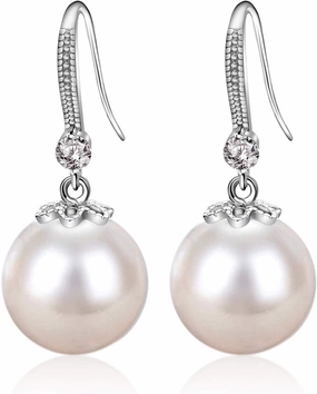 Pearl Dangle Earrings for Women 925 Sterling Silver Crystal Pearl Earrings Classtic Ladies Drop Earrings for Wedding Party Birthday Gift