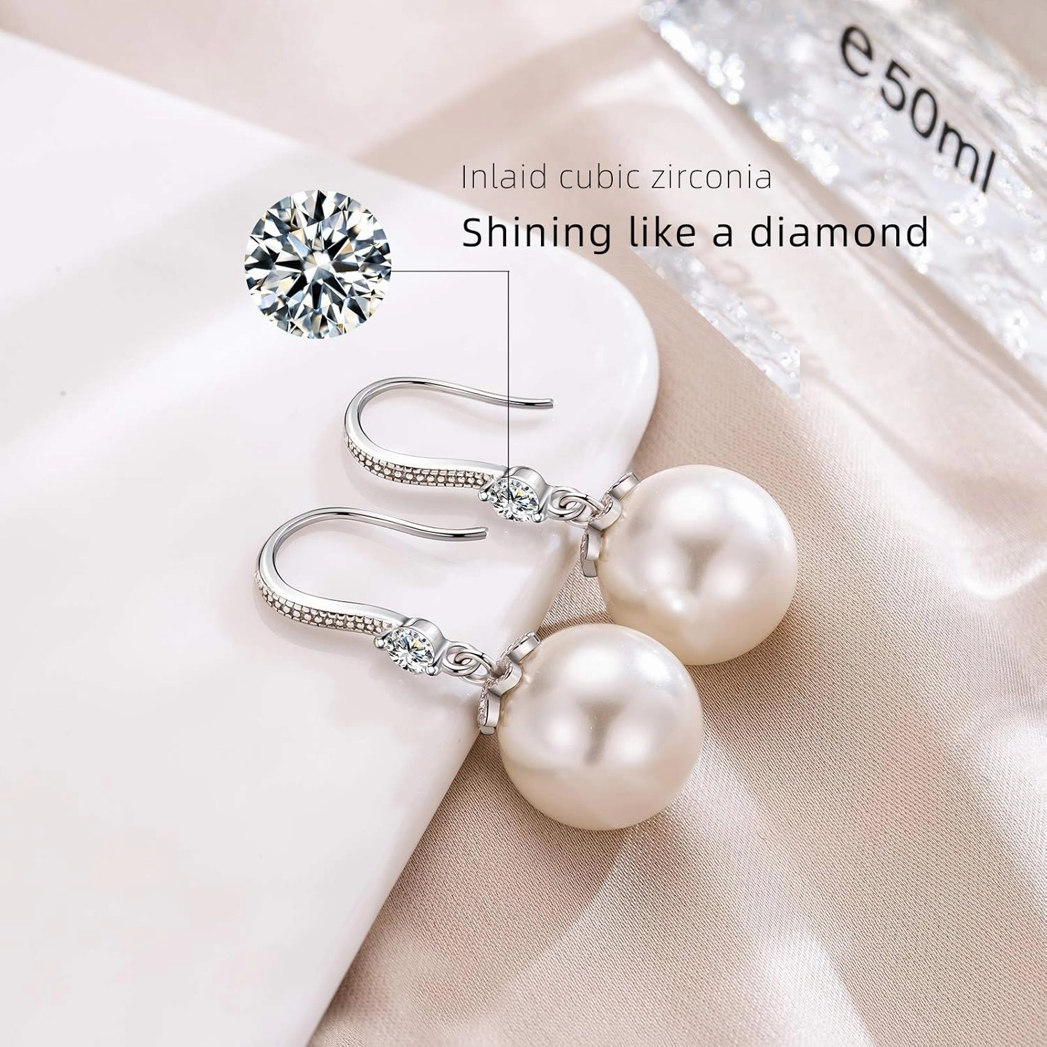 Pearl Dangle Earrings for Women 925 Sterling Silver Crystal Pearl Earrings Classtic Ladies Drop Earrings for Wedding Party Birthday Gift