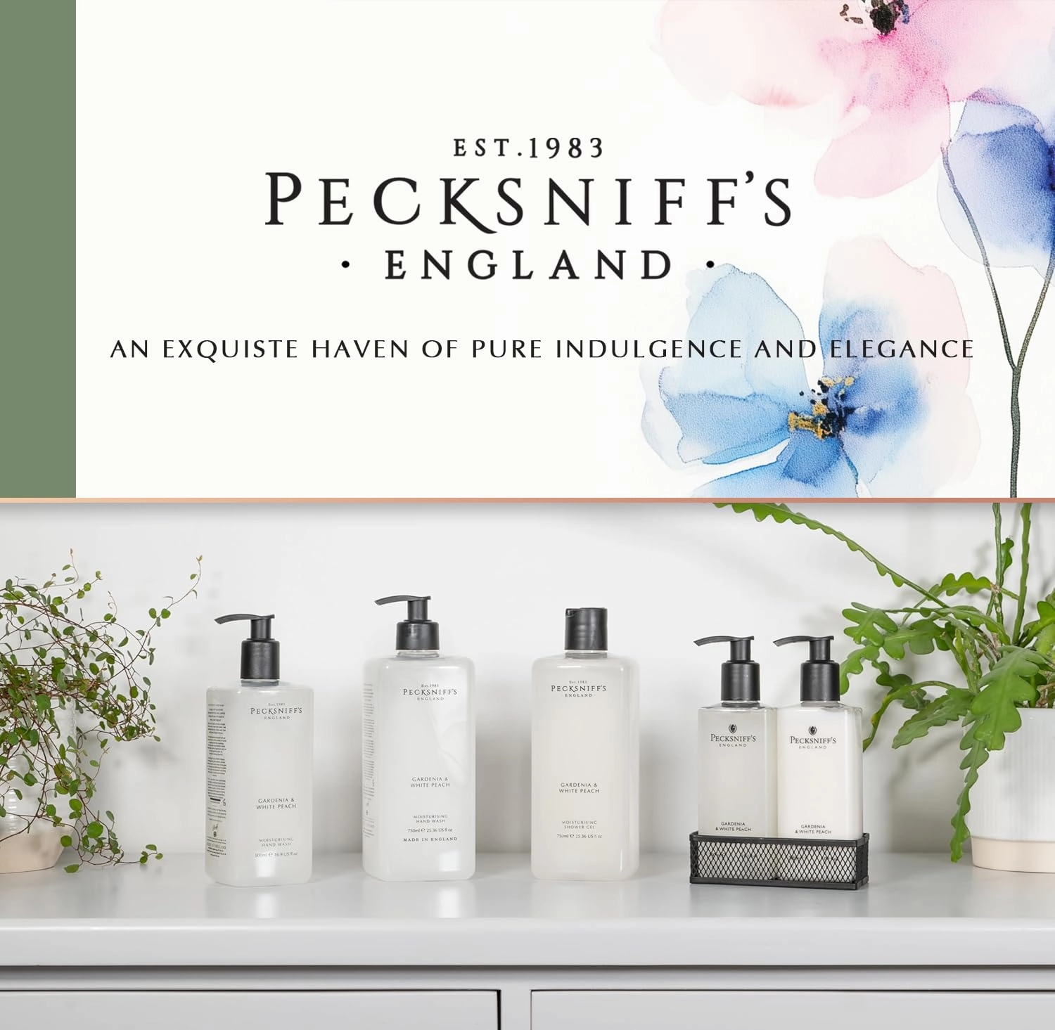 Pecksniff's Hand Wash - Liquid Hand Soap for Soft Skin, Natural, Revitalising, Hydrates and Moisturises, Handcrafted in England, Cruelty Free, Gift of Luxury 480ml/16.2 fl oz (Gardenia & White Peach)