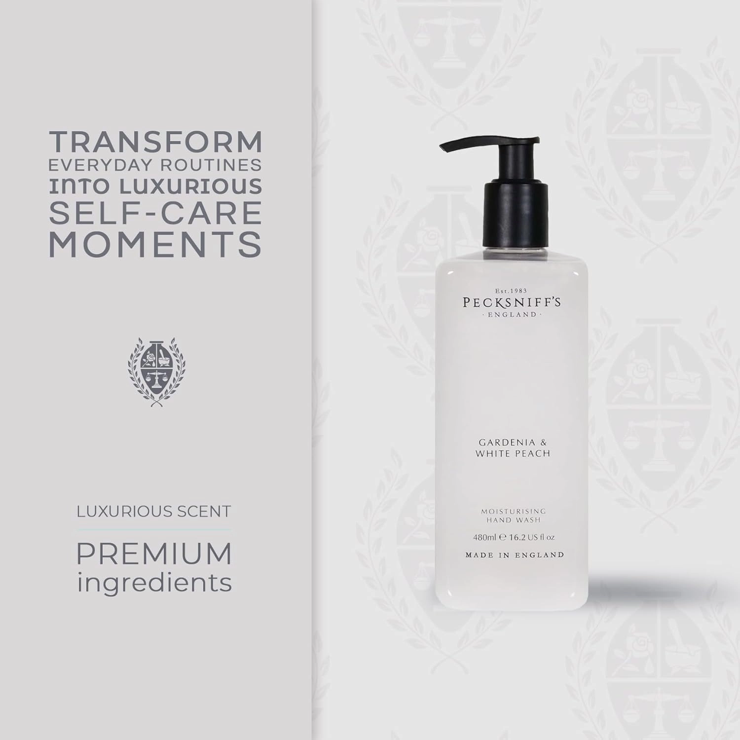 Pecksniff's Hand Wash - Liquid Hand Soap for Soft Skin, Natural, Revitalising, Hydrates and Moisturises, Handcrafted in England, Cruelty Free, Gift of Luxury 480ml/16.2 fl oz (Gardenia & White Peach)