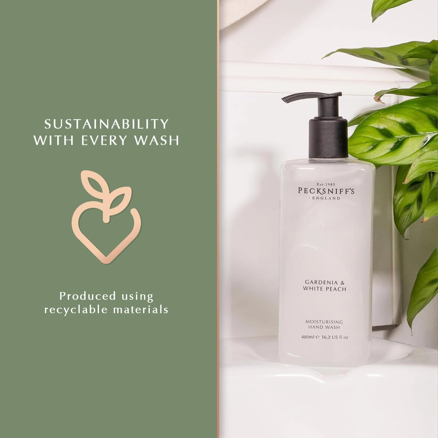 Pecksniff's Hand Wash - Liquid Hand Soap for Soft Skin, Natural, Revitalising, Hydrates and Moisturises, Handcrafted in England, Cruelty Free, Gift of Luxury 480ml/16.2 fl oz (Gardenia & White Peach)