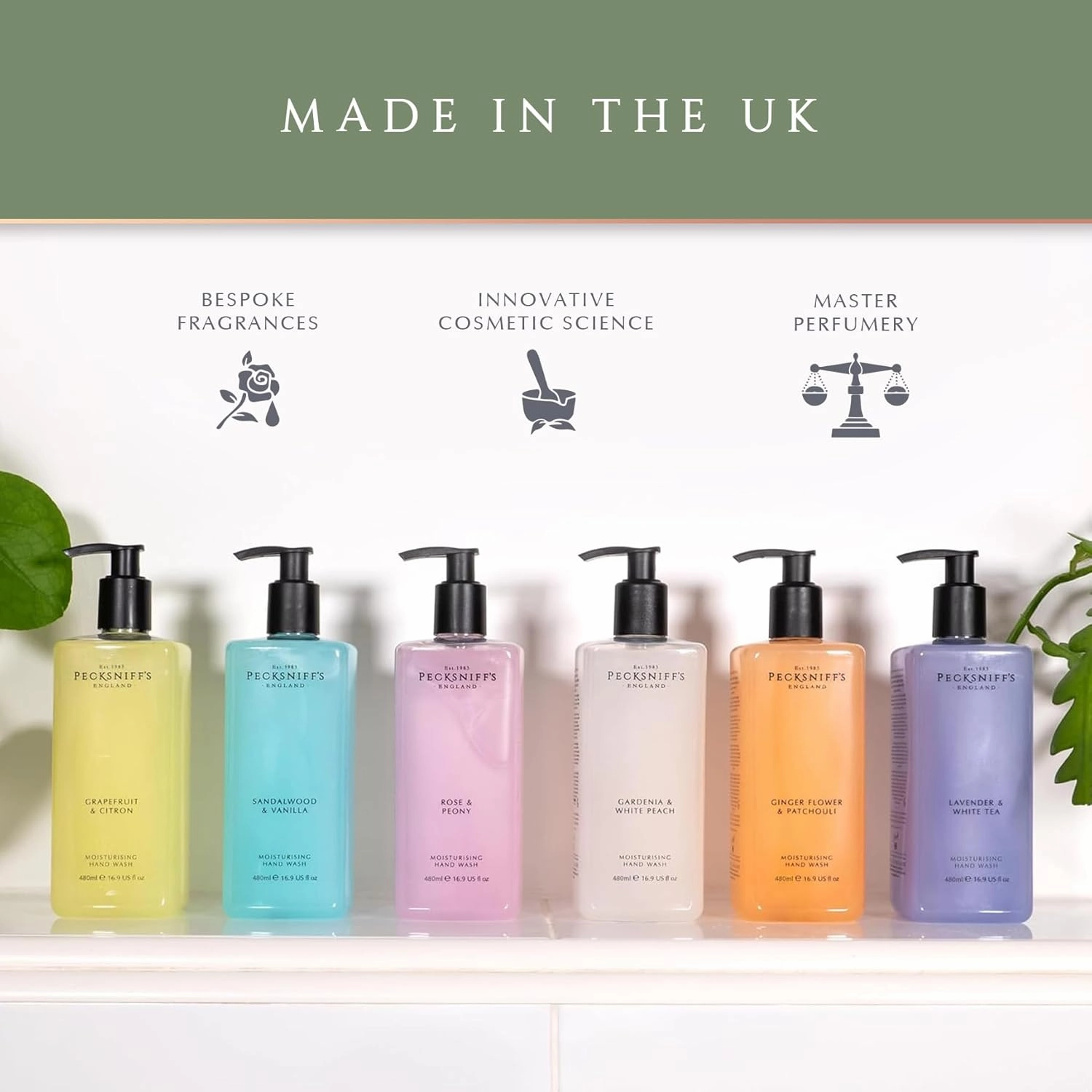 Pecksniff's Hand Wash - Liquid Hand Soap for Soft Skin, Natural, Revitalising, Hydrates and Moisturises, Handcrafted in England, Cruelty Free, Gift of Luxury 480ml/16.2 fl oz (Gardenia & White Peach)
