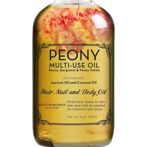 Peony Multi-Use Oil for Face, Body and Hair - Organic Blend of Apricot, Vitamin E Sweet Almond Oil for Dry Skin, Rose Petals & Bergamot Essential Oil - 4 Fl Oz