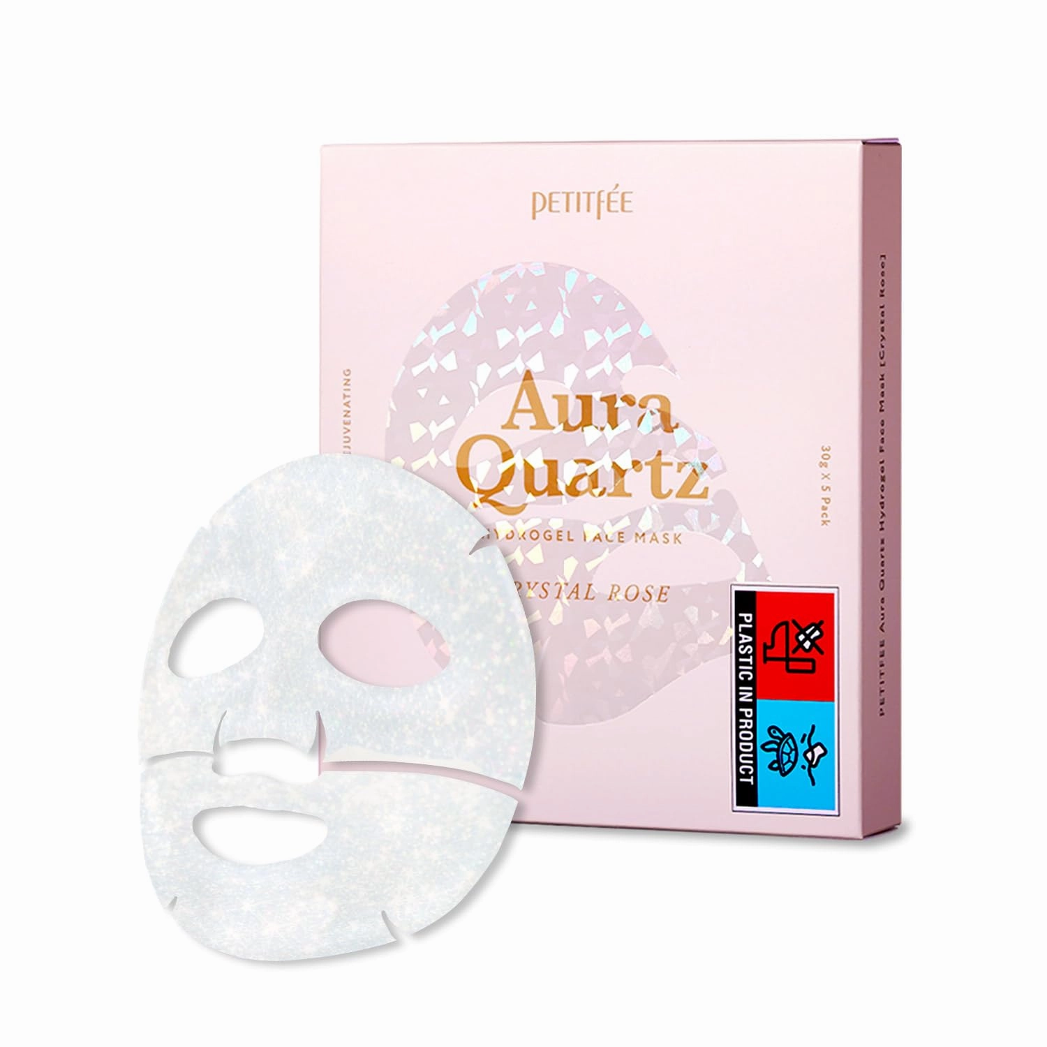 Petitfee Aura Quartz Hydrogel Face Mask Crystal Rose 30g*5ea - Rose Facial Mask for Radiant Skin with Pearl Protein, Collagen, Hyaluronic Acid, Brighten & Supple Face, Hydrating, Soothing Skin