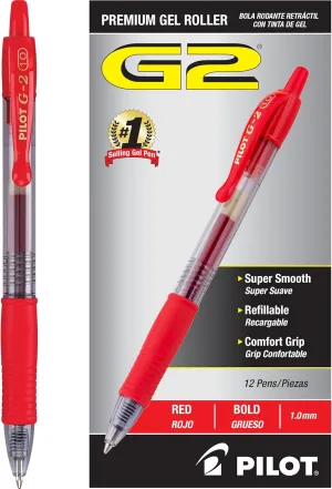 Pilot, G2 Premium Gel Roller Pens, Bold Point 1 mm, Pack of 12, Red