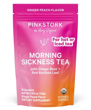 Pink Stork Organic Morning Sickness Pregnancy Tea - Hot or Iced Tea - Prenatal Heartburn, Indigestion, and Constipation Support - 1st Trimester Pregnancy Must Haves - Ginger Peach, 15 Sachets