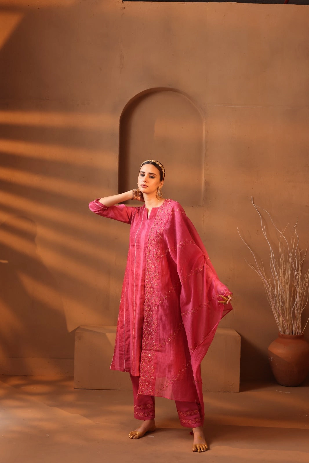 Pink handblock printed A-line style kurta