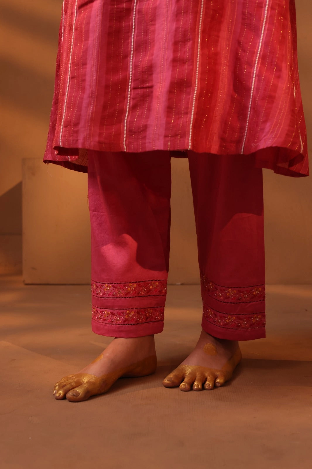 Pink handblock printed A-line style kurta