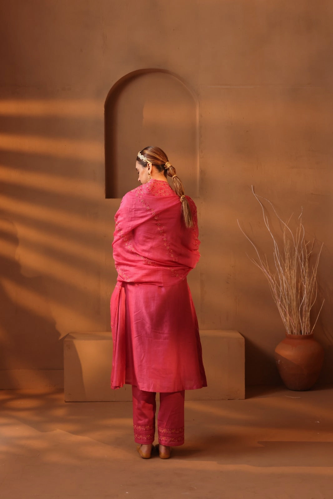Pink handblock printed A-line style kurta
