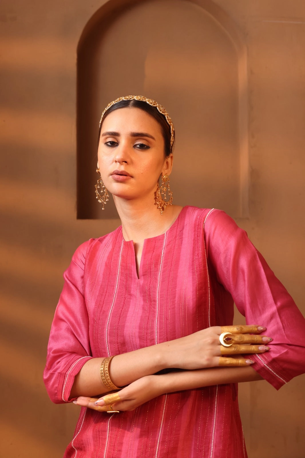 Pink handblock printed A-line style kurta