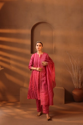 Pink handblock printed A-line style kurta