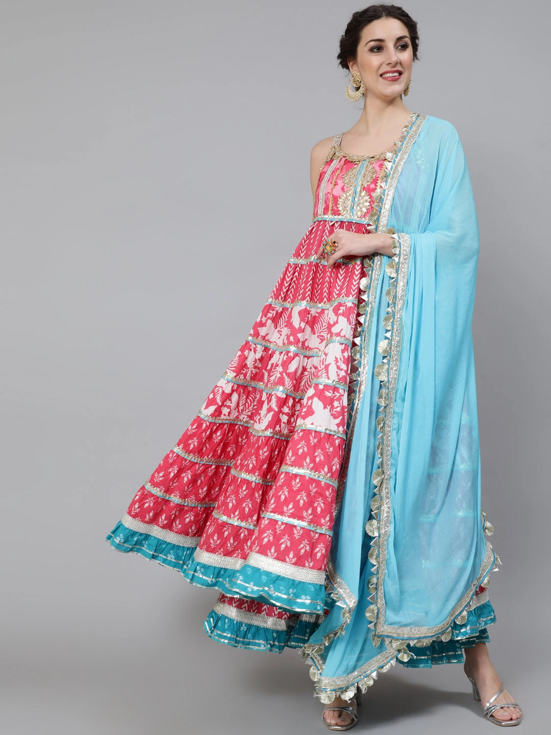 Pink Printed Anarkali Sharara With Dupatta