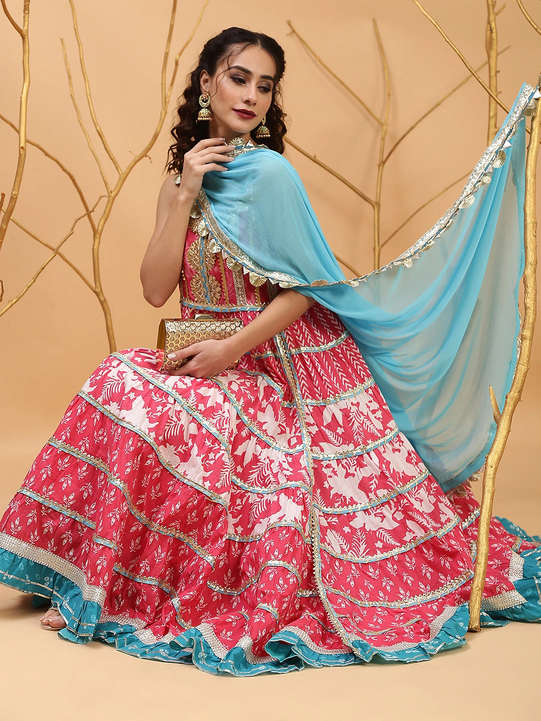 Pink Printed Anarkali Sharara With Dupatta