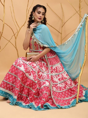 Pink Printed Anarkali Sharara With Dupatta