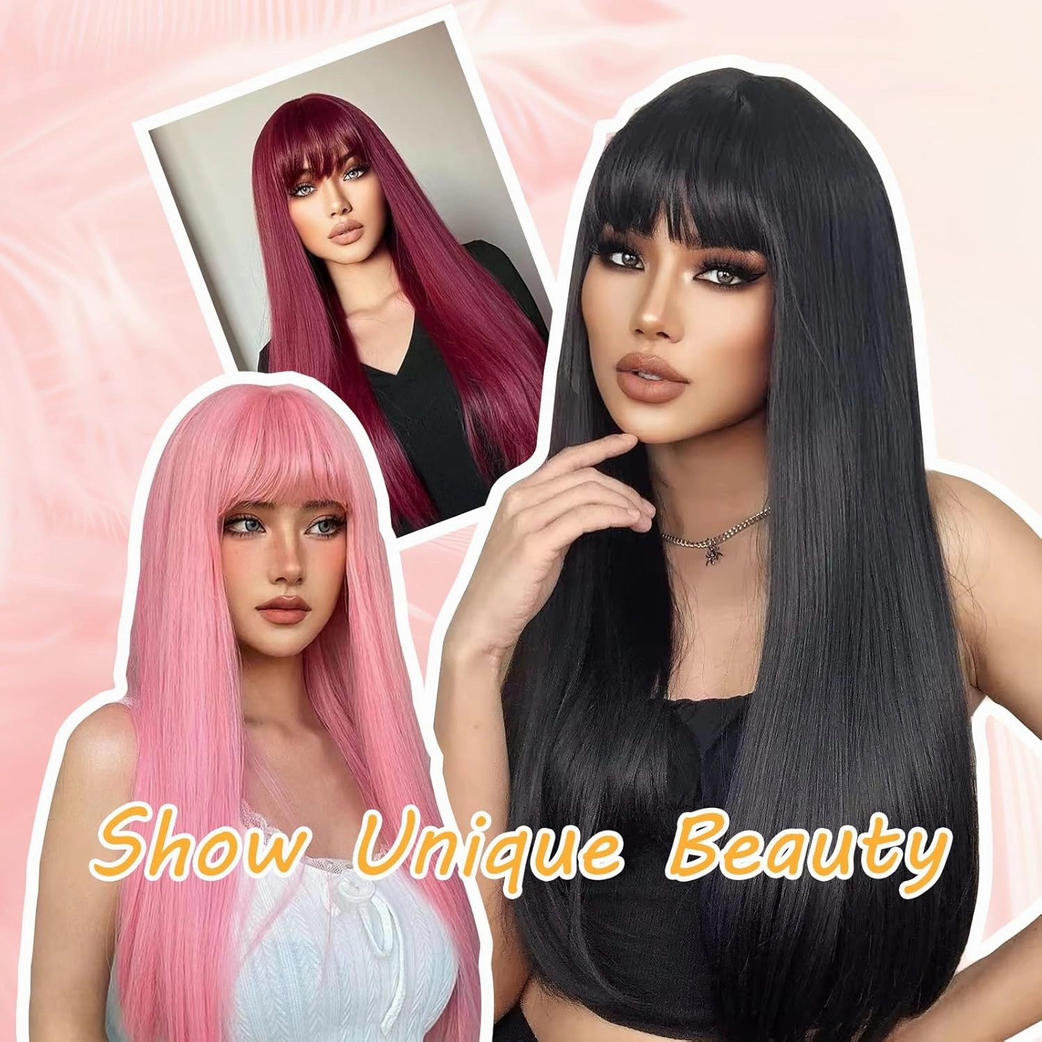 Pink Wigs With Bangs Natural Silky Soft Synthetic Heat Resistant Fiber Wigs For Women Natural Looking Hair Wig For Party Cosplay 24 Inches