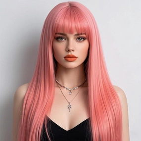 Pink Wigs With Bangs Natural Silky Soft Synthetic Heat Resistant Fiber Wigs For Women Natural Looking Hair Wig For Party Cosplay 24 Inches