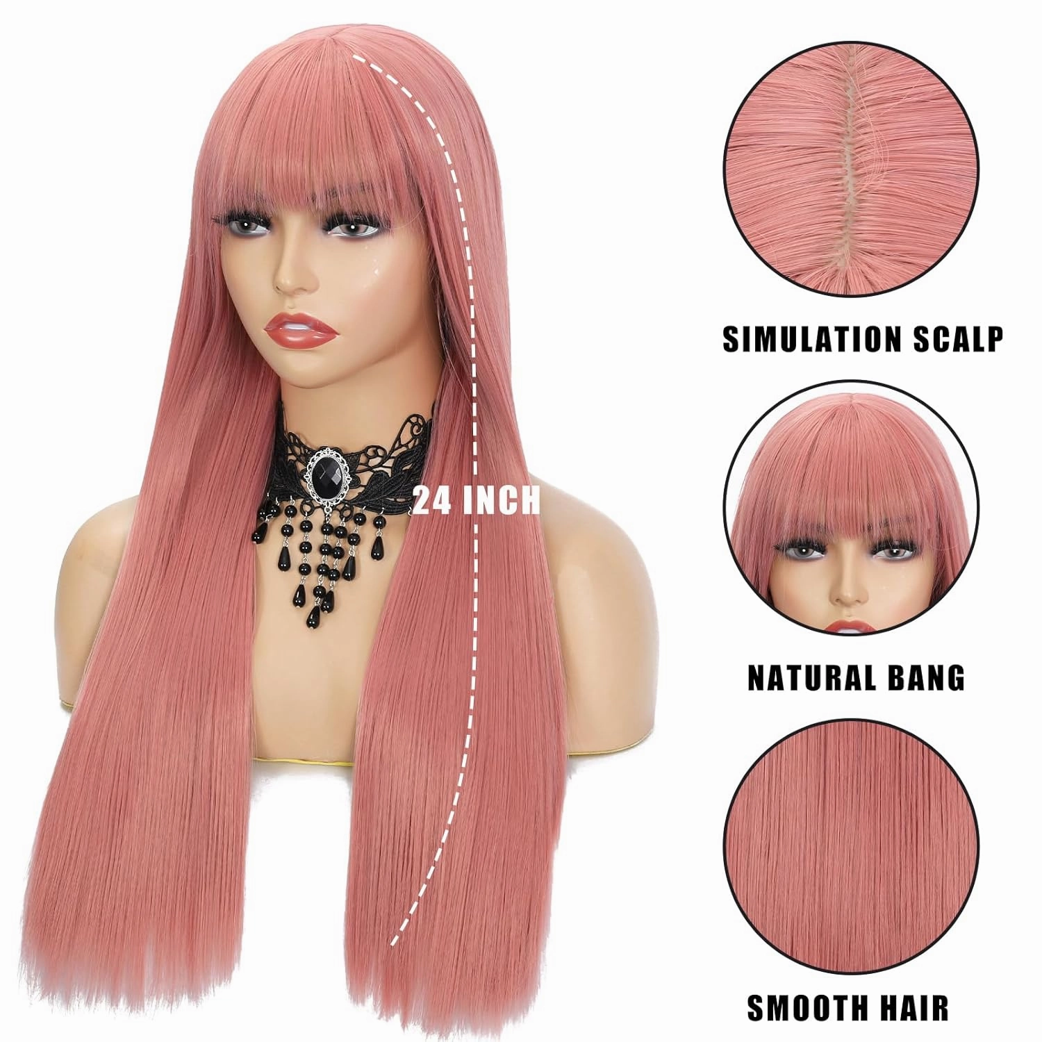 Pink Wigs With Bangs Natural Silky Soft Synthetic Heat Resistant Fiber Wigs For Women Natural Looking Hair Wig For Party Cosplay 24 Inches