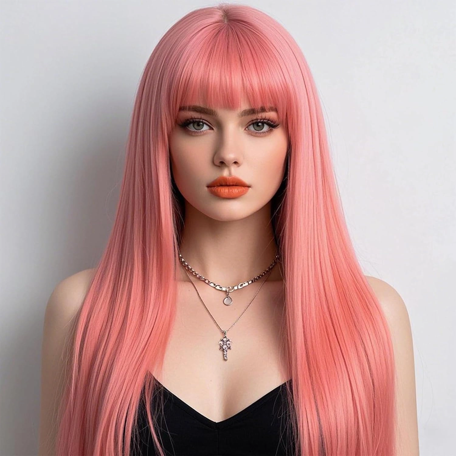 Pink Wigs With Bangs Natural Silky Soft Synthetic Heat Resistant Fiber Wigs For Women Natural Looking Hair Wig For Party Cosplay 24 Inches
