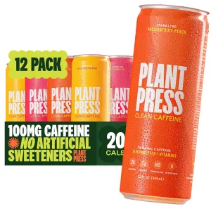 Plant Press - Passionfruit Peach, Organic Clean Caffeine Energy Drink & Coffee Alternative, Full Range of Vitamins, Electrolytes, No Sugar Alcohols, No Preservatives (12 Fl Oz, 12 Pk)