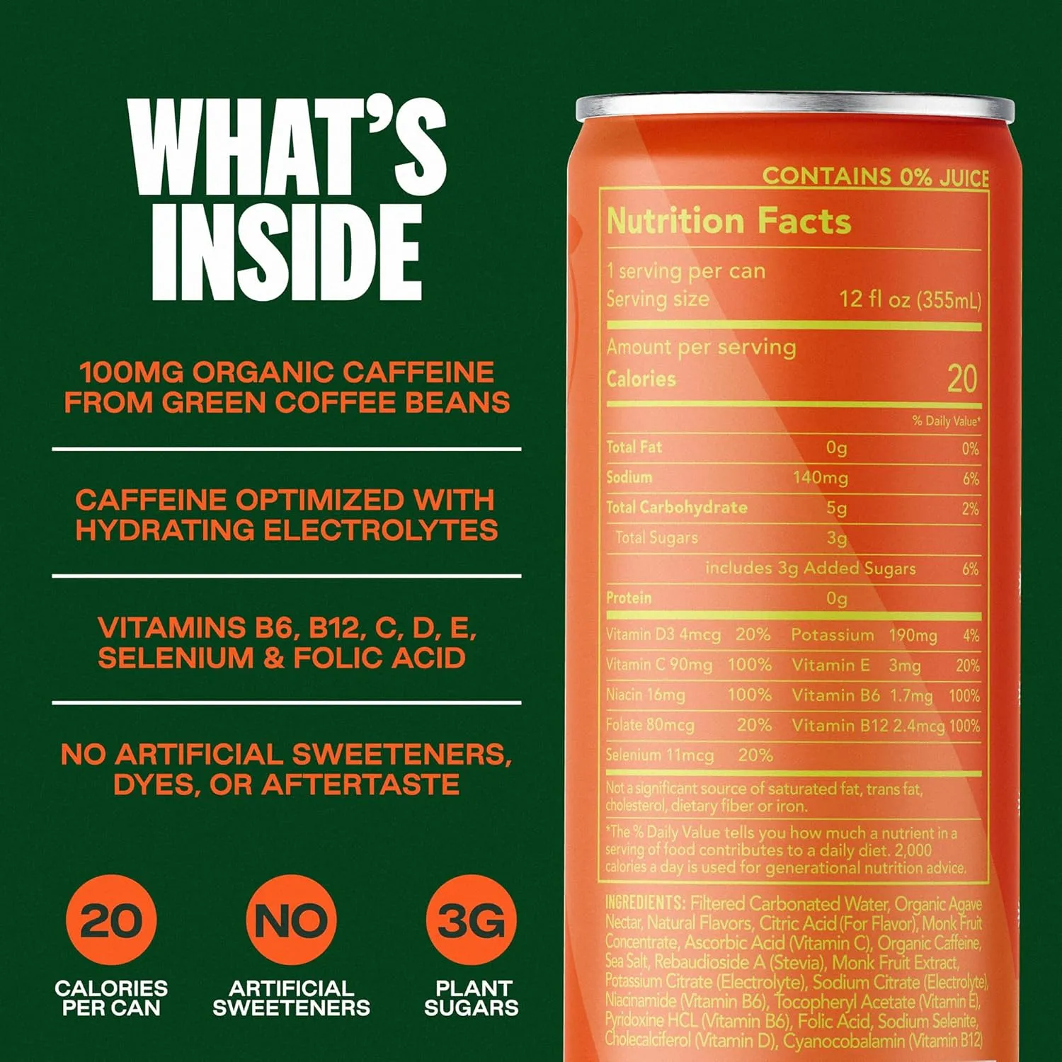 Plant Press - Passionfruit Peach, Organic Clean Caffeine Energy Drink & Coffee Alternative, Full Range of Vitamins, Electrolytes, No Sugar Alcohols, No Preservatives (12 Fl Oz, 12 Pk)