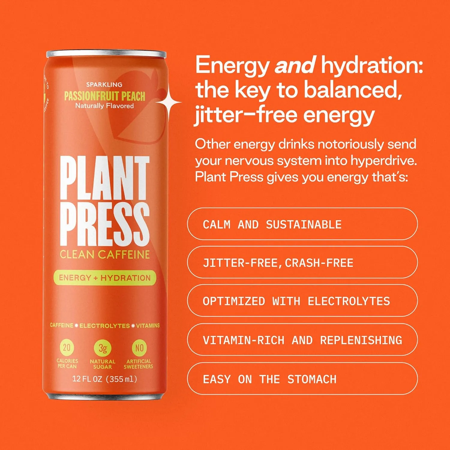 Plant Press - Passionfruit Peach, Organic Clean Caffeine Energy Drink & Coffee Alternative, Full Range of Vitamins, Electrolytes, No Sugar Alcohols, No Preservatives (12 Fl Oz, 12 Pk)