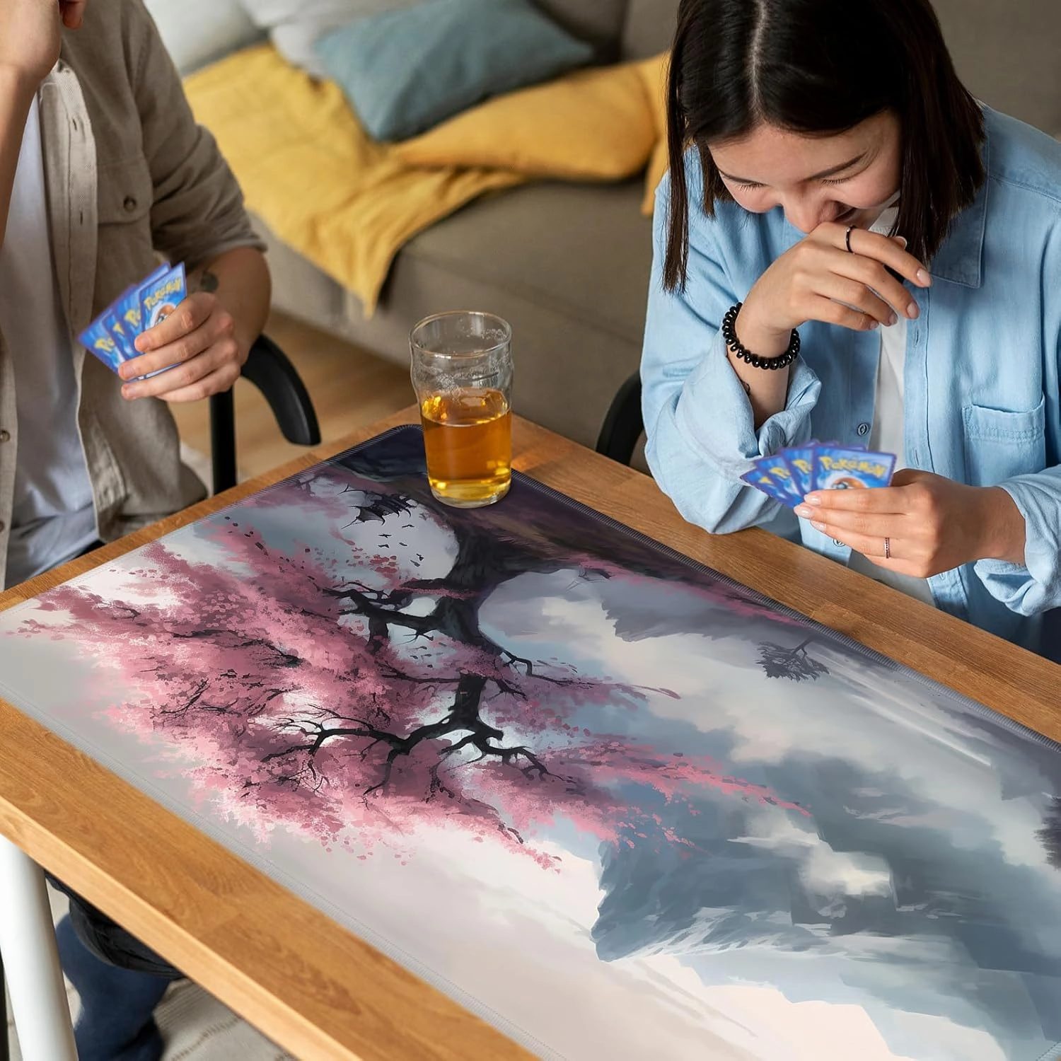 Playmat for MTG, Card Game Mat Non-Slip Rubber Base and Stitched, 24 x 14 inch TCG Play Mat for MTG and Other Card Games (NO Zones), Mountain View Peach Tree