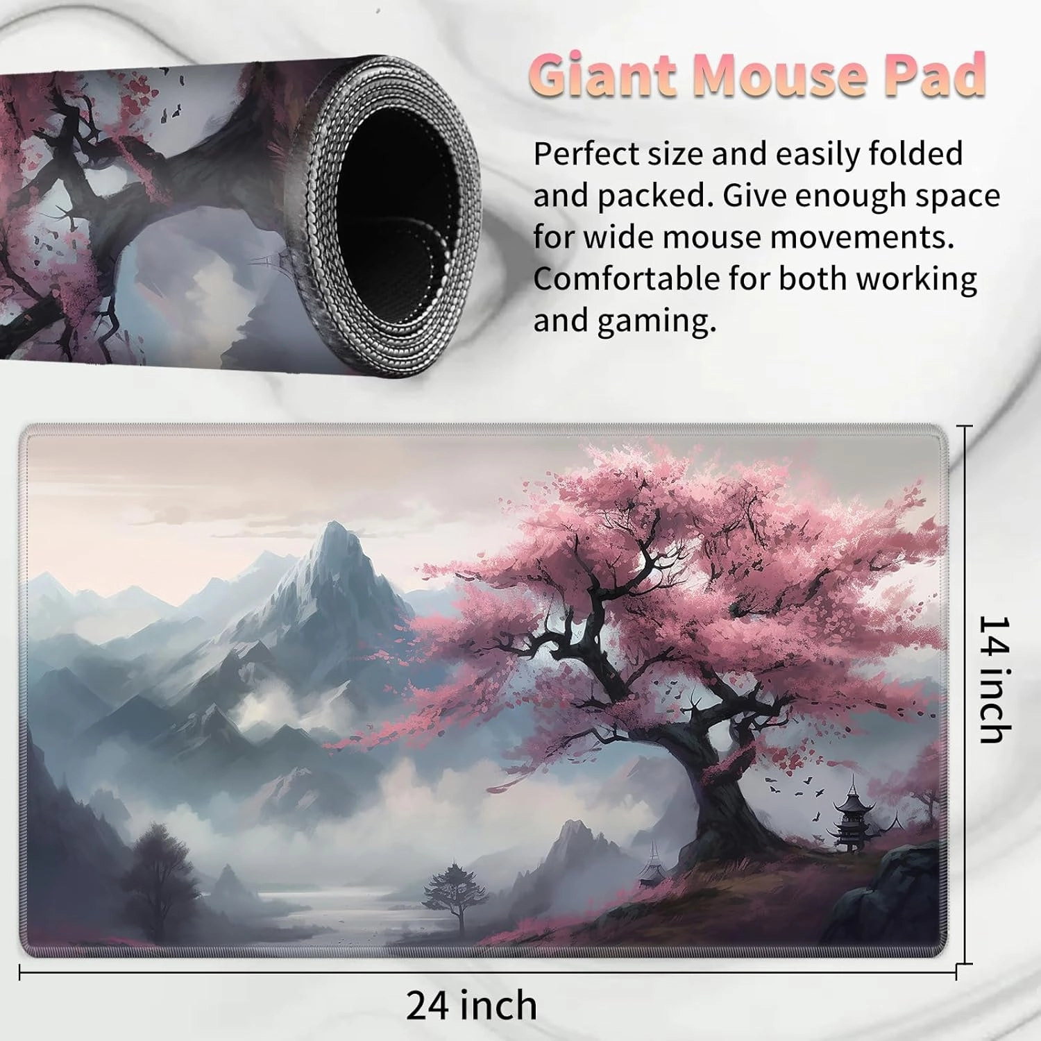 Playmat for MTG, Card Game Mat Non-Slip Rubber Base and Stitched, 24 x 14 inch TCG Play Mat for MTG and Other Card Games (NO Zones), Mountain View Peach Tree
