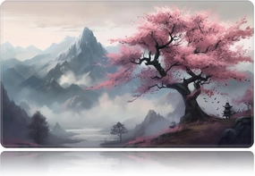 Playmat for MTG, Card Game Mat Non-Slip Rubber Base and Stitched, 24 x 14 inch TCG Play Mat for MTG and Other Card Games (NO Zones), Mountain View Peach Tree