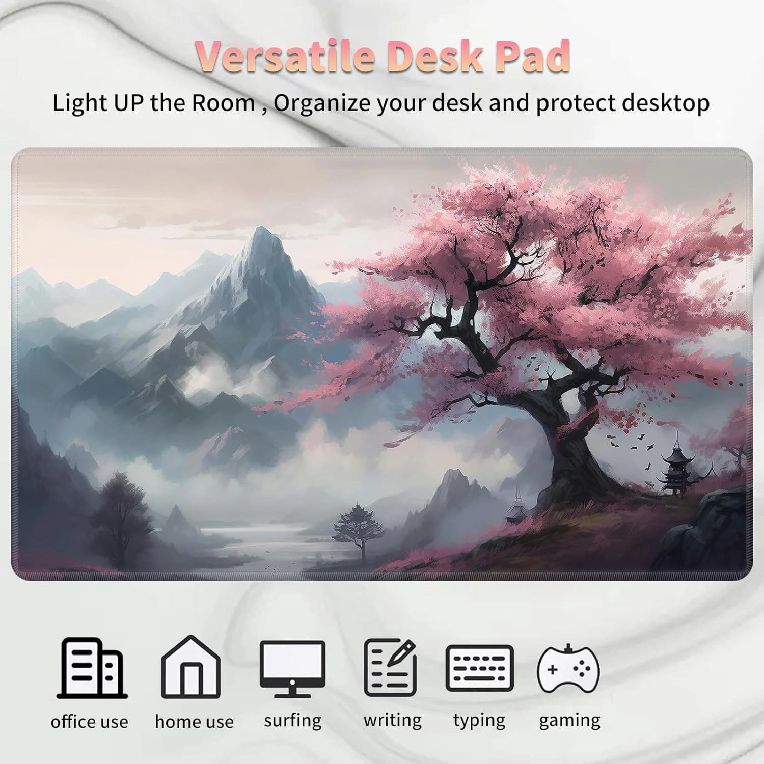 Playmat for MTG, Card Game Mat Non-Slip Rubber Base and Stitched, 24 x 14 inch TCG Play Mat for MTG and Other Card Games (NO Zones), Mountain View Peach Tree