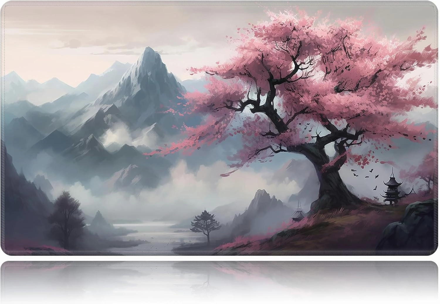 Playmat for MTG, Card Game Mat Non-Slip Rubber Base and Stitched, 24 x 14 inch TCG Play Mat for MTG and Other Card Games (NO Zones), Mountain View Peach Tree