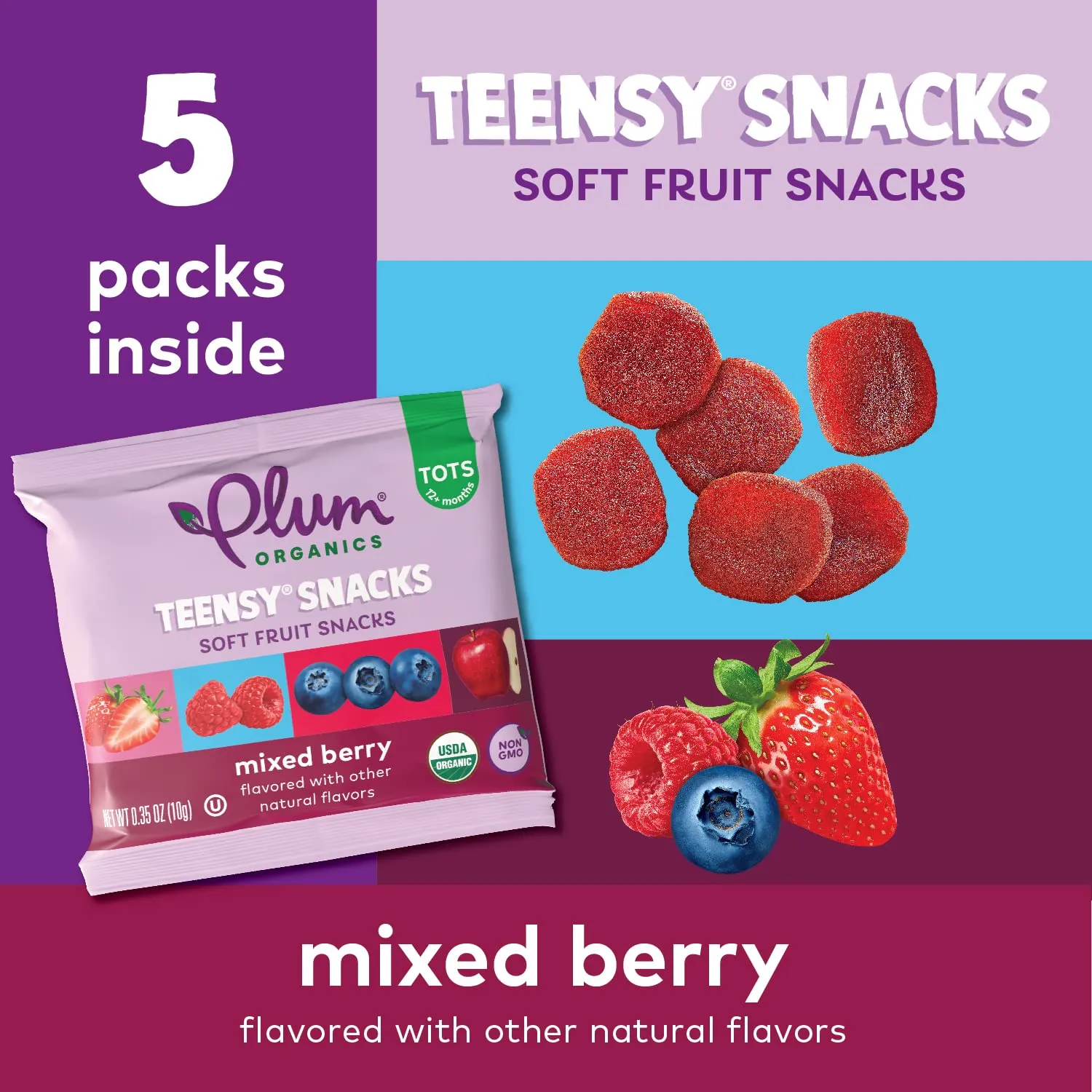 Plum Organics Teensy Snacks Soft Fruit Snacks - Mixed Berry - 5 Count (Pack of 8) - Organic Toddler Food Fruit Snacks
