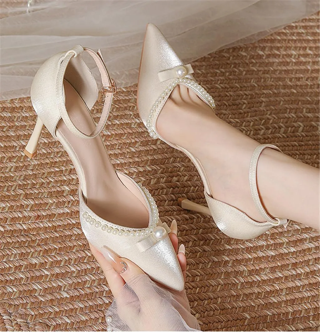 Pointed Toe Fine Hollow High Heels Pearl Decorated Buckle Satin Beige Apricot V Mouth Commuter 7cm/2.76in Shoes