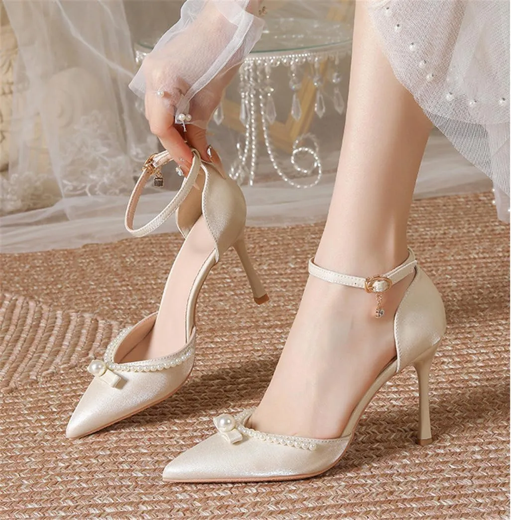 Pointed Toe Fine Hollow High Heels Pearl Decorated Buckle Satin Beige Apricot V Mouth Commuter 7cm/2.76in Shoes