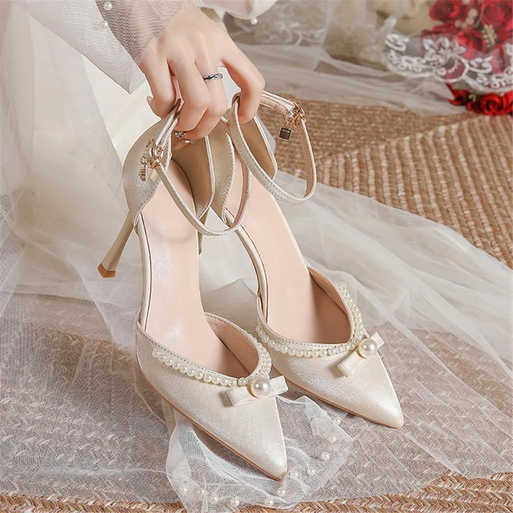 Pointed Toe Fine Hollow High Heels Pearl Decorated Buckle Satin Beige Apricot V Mouth Commuter 7cm/2.76in Shoes