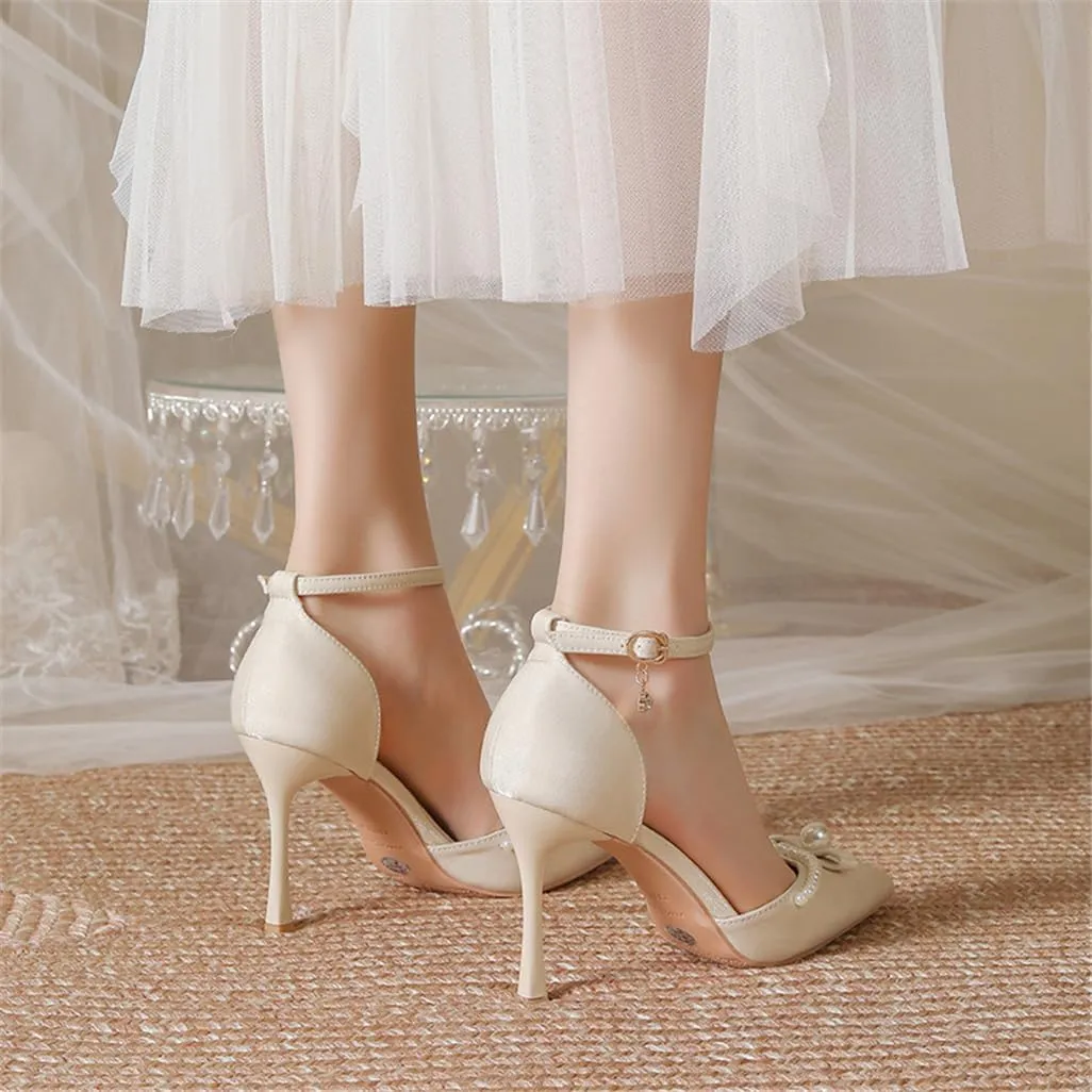 Pointed Toe Fine Hollow High Heels Pearl Decorated Buckle Satin Beige Apricot V Mouth Commuter 7cm/2.76in Shoes