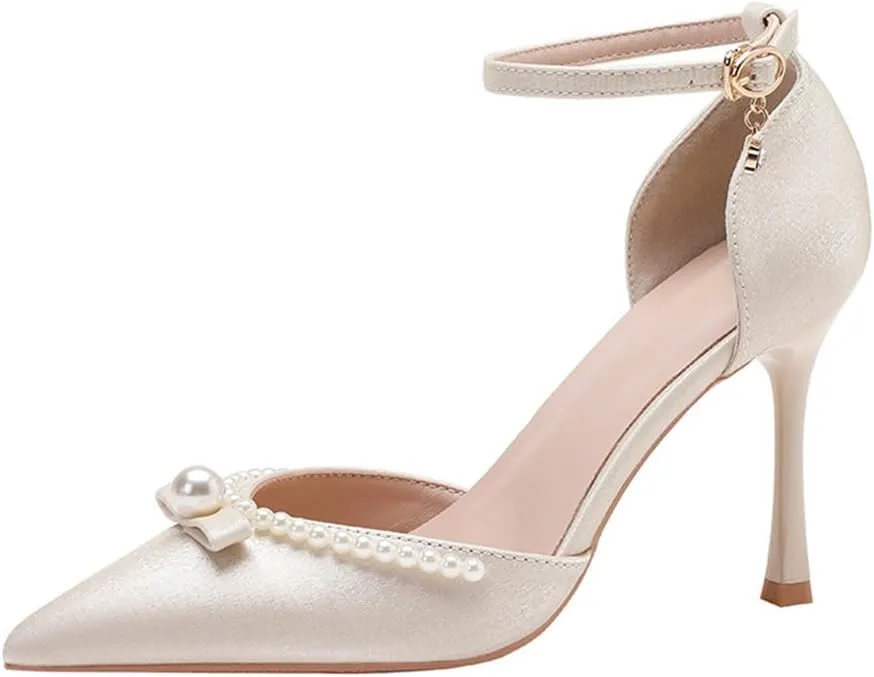 Pointed Toe Fine Hollow High Heels Pearl Decorated Buckle Satin Beige Apricot V Mouth Commuter 7cm/2.76in Shoes
