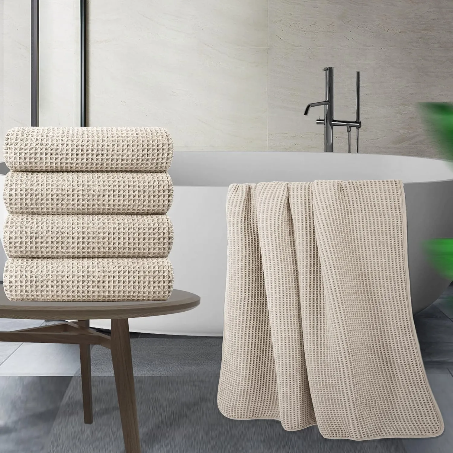 POLYTE Microfiber Oversize Quick Dry Lint Free Bath Towel, 60 x 30 in, 4 Pack (Beige, Waffle Weave)