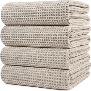 POLYTE Microfiber Oversize Quick Dry Lint Free Bath Towel, 60 x 30 in, 4 Pack (Beige, Waffle Weave)