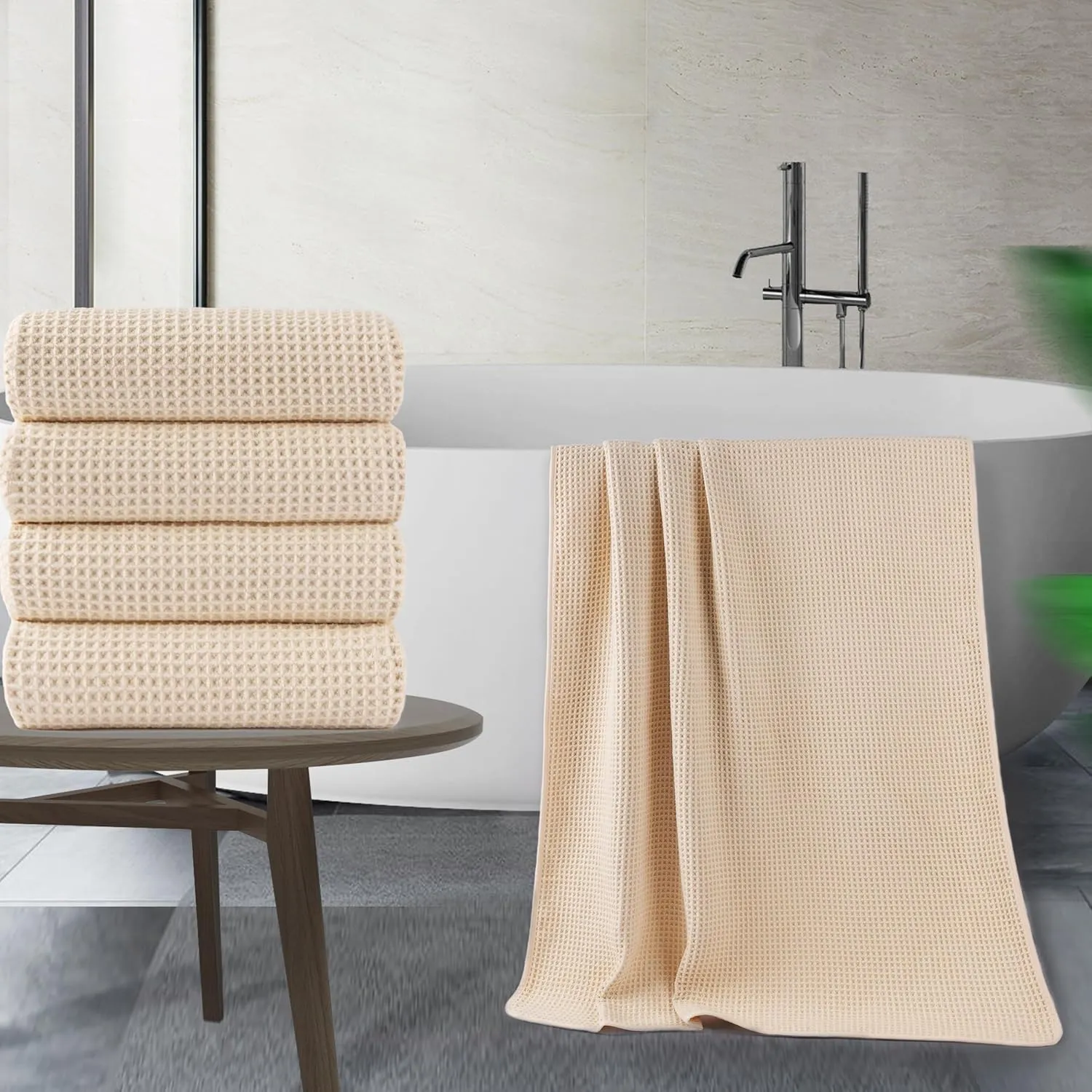 POLYTE Microfiber Oversize Quick Dry Lint Free Bath Towel, 60 x 30 in, 4 Pack (Light Beige, Waffle Weave)