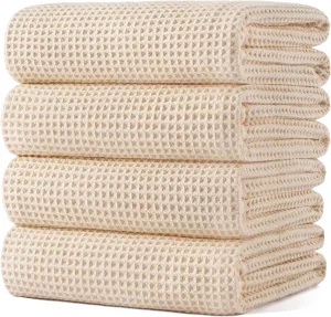 POLYTE Microfiber Oversize Quick Dry Lint Free Bath Towel, 60 x 30 in, 4 Pack (Light Beige, Waffle Weave)