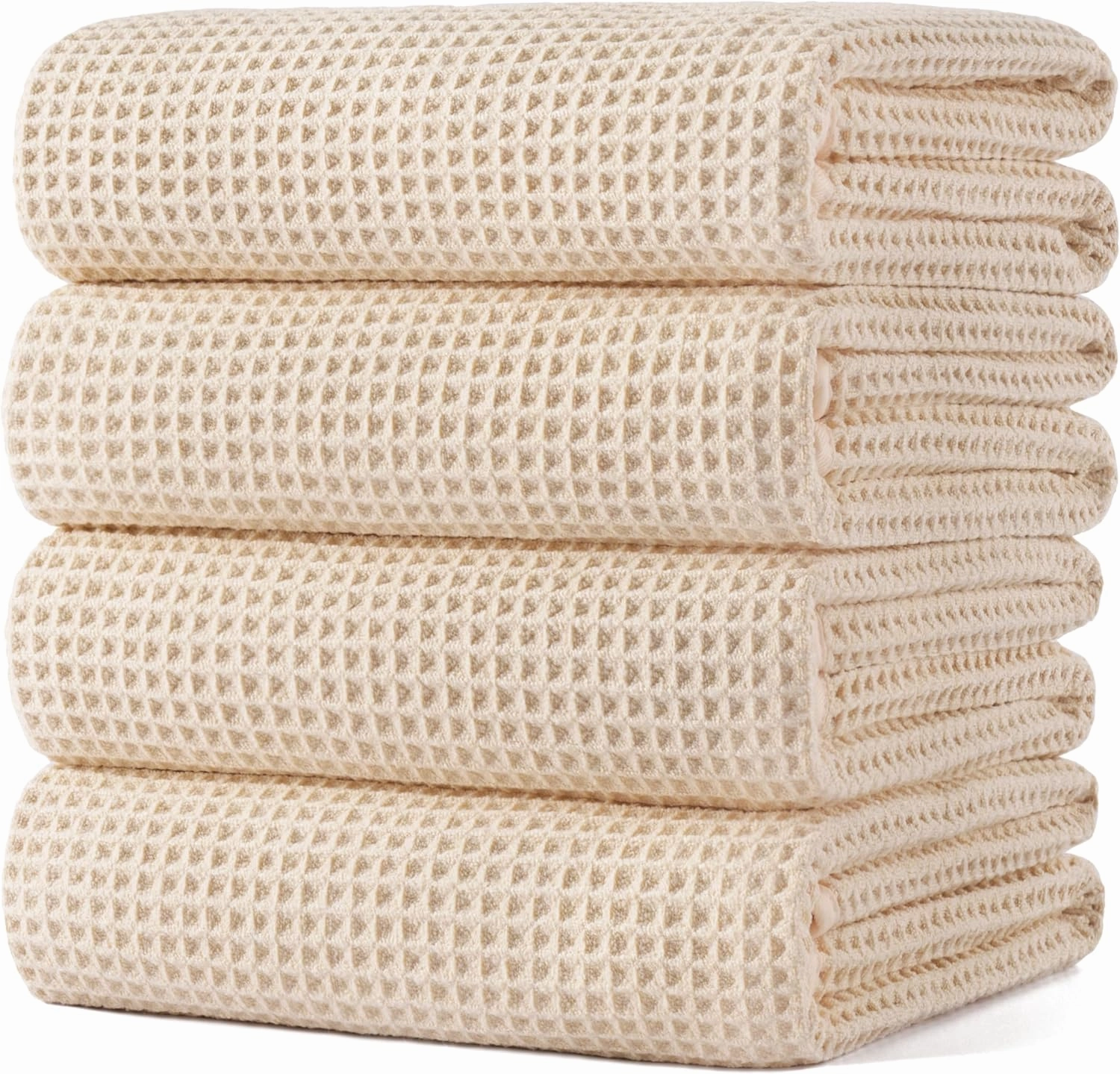 POLYTE Microfiber Oversize Quick Dry Lint Free Bath Towel, 60 x 30 in, 4 Pack (Light Beige, Waffle Weave)