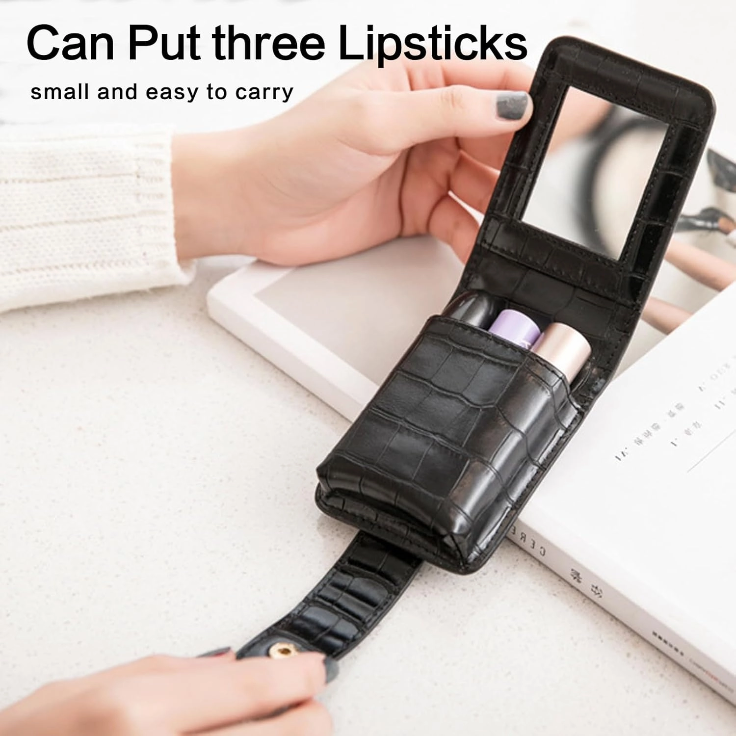 PORRASSO Lipstick Case Portable Mini Cosmetic Bag Women Lipstick Lip Gloss Bag with Mirror Travel Lipstick Holder for Storeing Lipstick Lip Glaze Powder Black