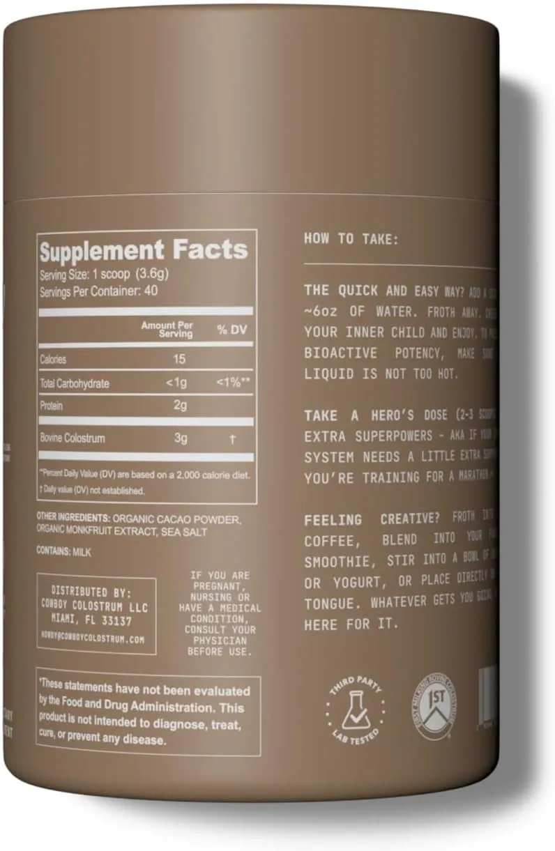 Powder - Bovine Colostrum Powder for Women & Men - First Day Milking Whole Colostrum - Grass Fed Colostrum Supplement for Gut Health, Immunity, Skin & Hair (Chocolate, 40 Servings)