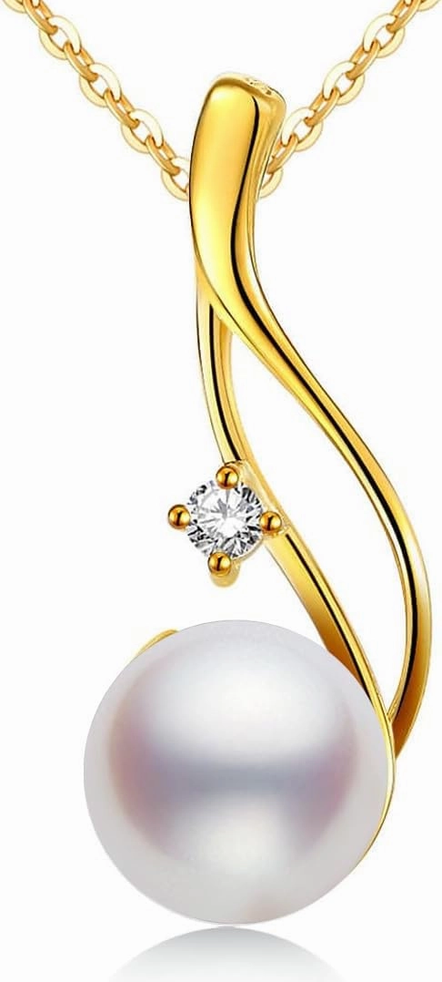 Premium 9-10mm Cultured Freshwater White Pearl Pendant Necklace 18K Gold Plated Sterling Silver gifts for Women for Her Wife Mom Daughter (Yellow, gold-plated-silver)