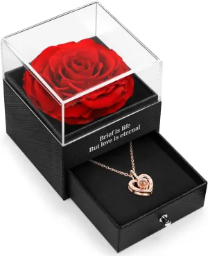 Preserved Real Rose for Mom with I Love You Necklace in 100 Language Girlfriend, Eternal Real Rose Flower Gifts for Women Mom Wife on Mothers Day Birthday Anniversaries