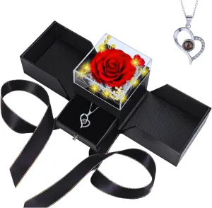 Preserved Real Rose Gift Set - Eternal Red Rose with 'I Love You' Necklace 100 Languages, Gifts Romantic Gifts for Women, GrandMaa, Girlfriend, Birthday, Anniversary