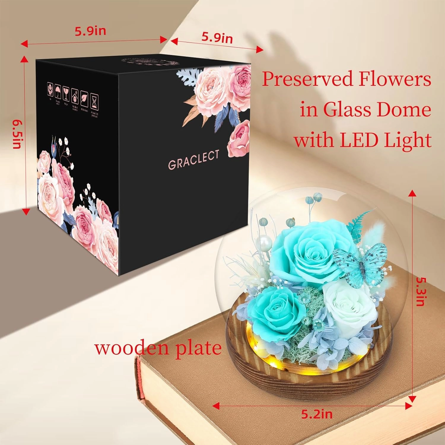 Preserved Flowers in Glass with LED Light，Flowers for Delivery Prime，Forever Roses Birthday Gifts for Women, for Mom (Tiffany Blue Rose,Light Green Rose)