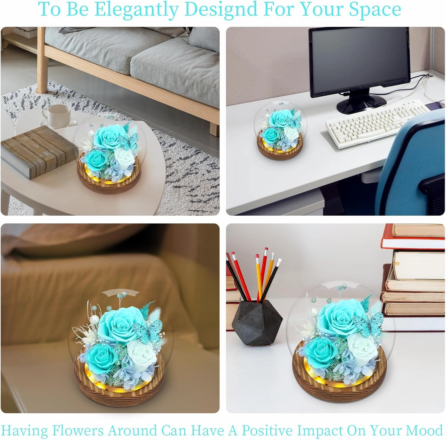 Preserved Flowers in Glass with LED Light，Flowers for Delivery Prime，Forever Roses Birthday Gifts for Women, for Mom (Tiffany Blue Rose,Light Green Rose)